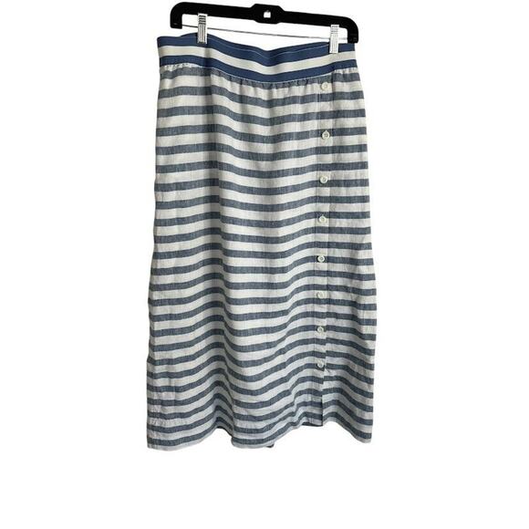 J Jill Love Linen A-Line Midi Skirt Size M Blue White Stripe Button Pocket Beach - Picture 1 of 6